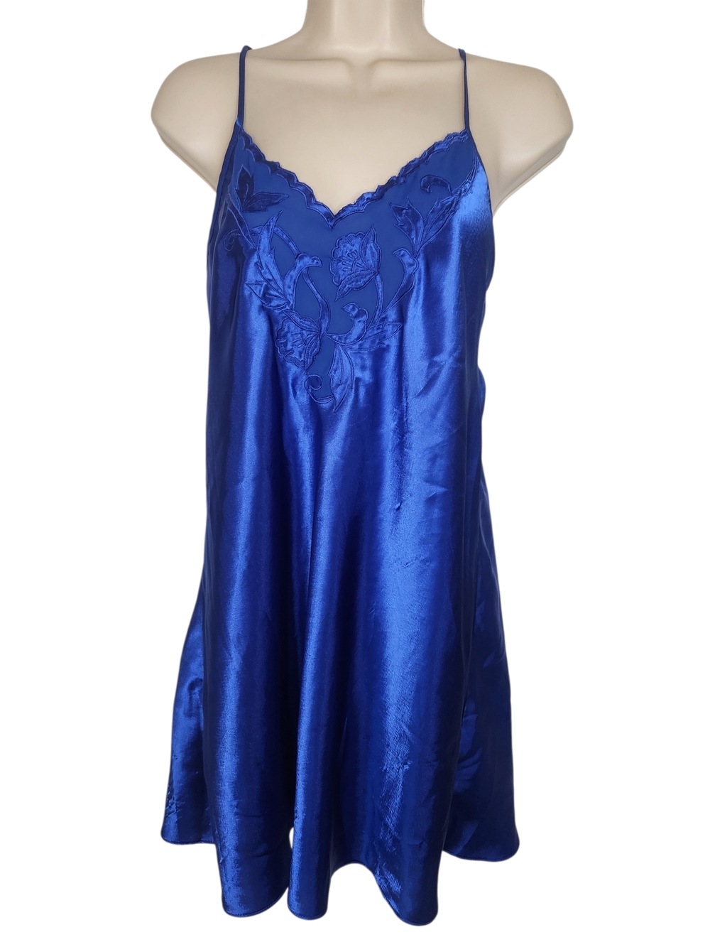Blue Satin Slip Chemise with Floral Embroidery